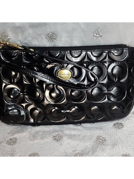 Coach Handbags - Coach Black Patent Leather Wristlet with Gold-Tone Logo